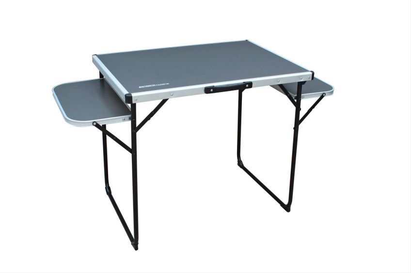 Alu-Camping-Tisch (130 x 60cm) mit klappbaren Seitentischen.